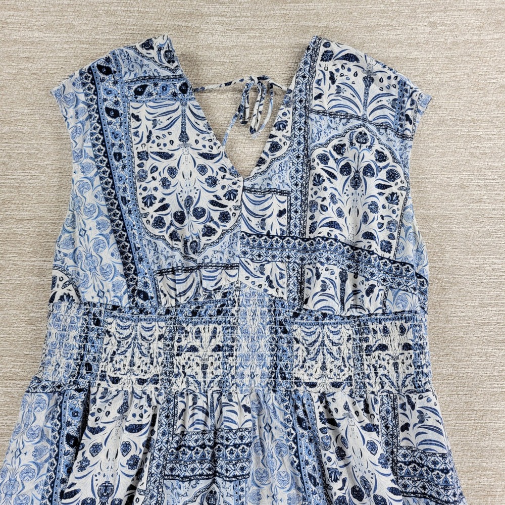 Old Navy Dress 2X Blue White V Neck V Back Tie Smocked Waist Boho Summer Beach - Picture 4 of 14